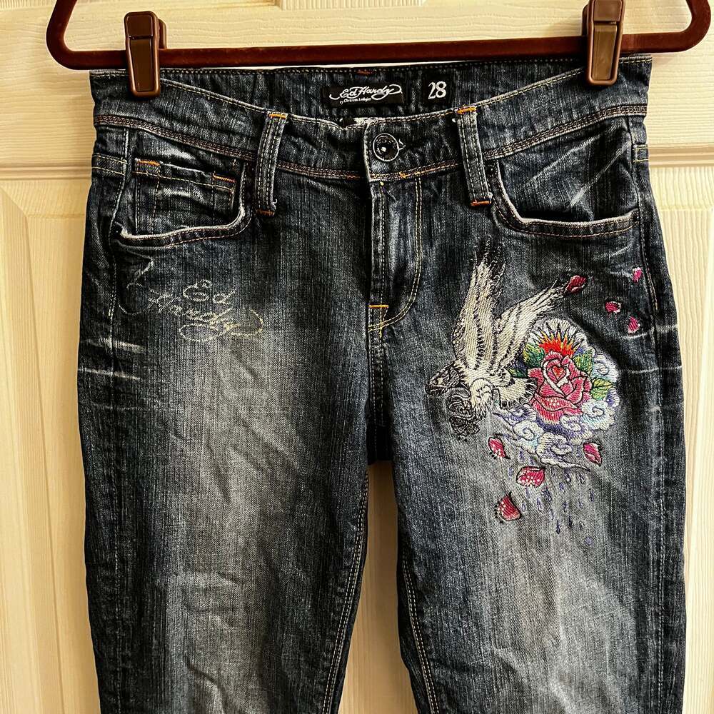 ULTRA RARE~ED HARDY~ TATTOO JEANS ~ SKINNY RAW HEM ~ MIXED MEDIA ~ DOVE~28 - Picture 4 of 16